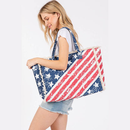 American Flag Pattern with Fringe Summer Tote Bag