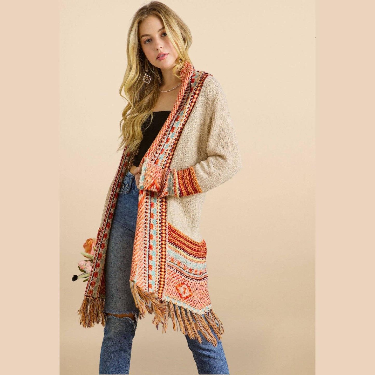 Fringe Hem Multicolor Cardigan