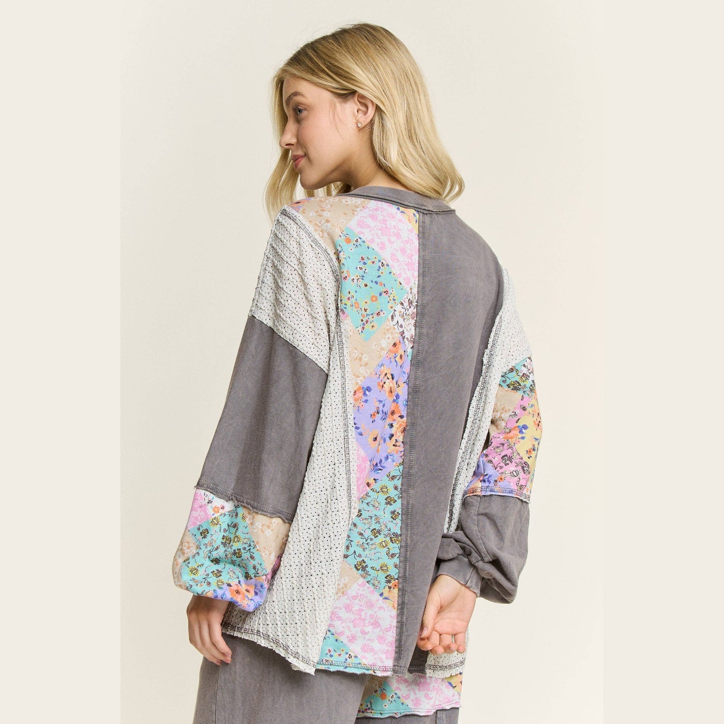 Mineral Washed Floral WaveKnit Jacquard Boho Top