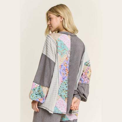 Mineral Washed Floral WaveKnit Jacquard Boho Top