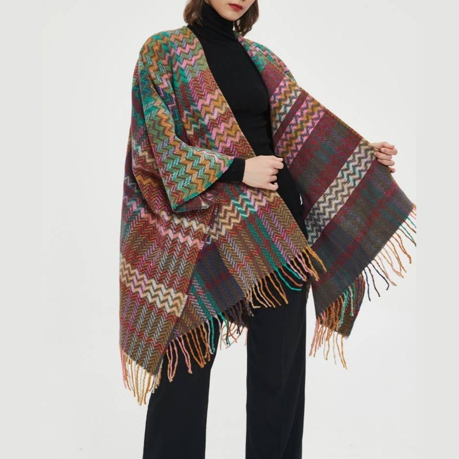Plaid Ruana Multi-Colored Kimono shawl With Tassel Detail