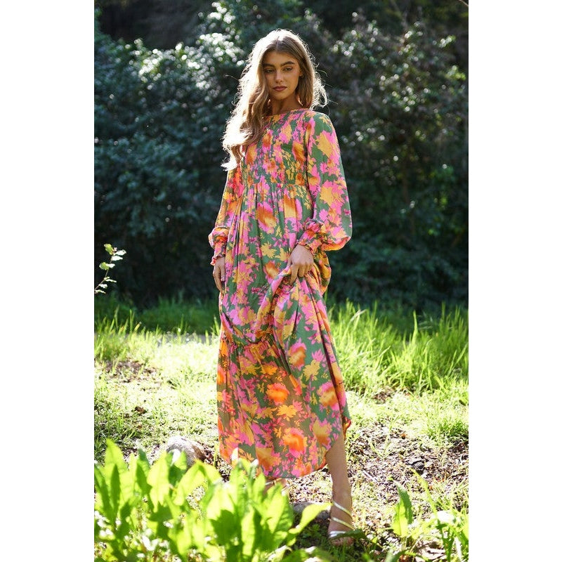 Chloe Smocked Bodice Long Balloon Sleeve Maxi Dress - Bright Floral / Large Chloe Smocked Bodice Long Balloon Sleeve Maxi Dress - Bright Floral / Large
