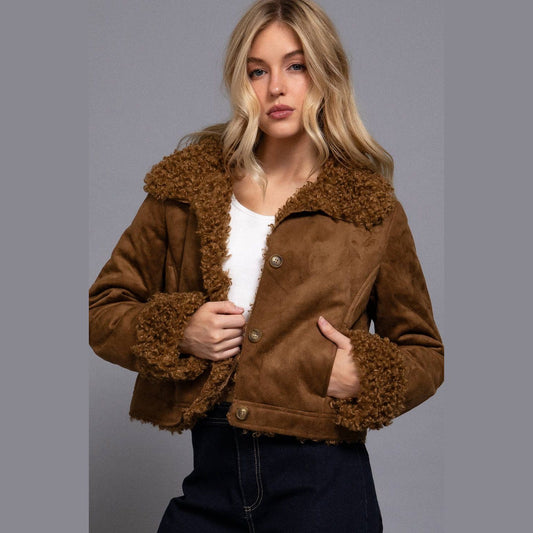 Long Sleeve Inside Fur Detail Penny Lane Suede Short Jacket - The Feral Market