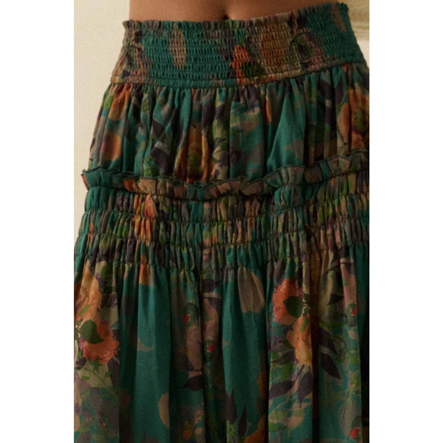 Floral-Print Smocked Drop-Waist Ruffle Maxi Skirt