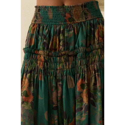 Floral-Print Smocked Drop-Waist Ruffle Maxi Skirt