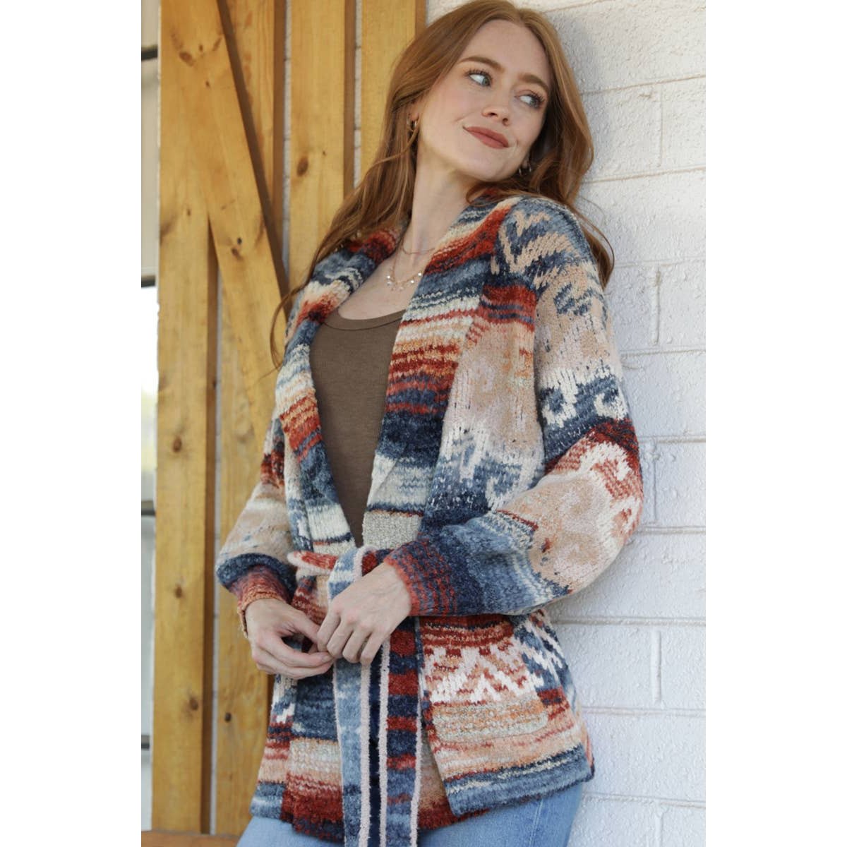 WIDE COLLAR SWEATER JACKET WITH WAIST TIE