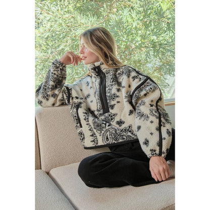 Floral Sherpa Fleece Half-Zip Pullover Jacket