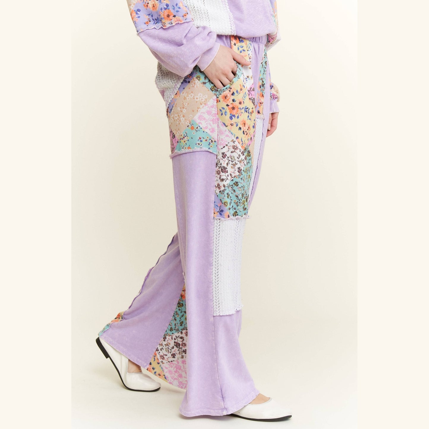 Mineral Washed Floral Wave Knit Jacquard Boho Pants