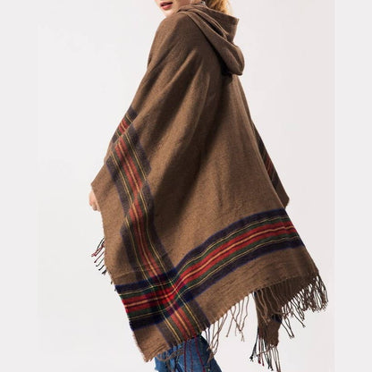 Classic plaid faux wool tartan hooded ruana fringed shawl
