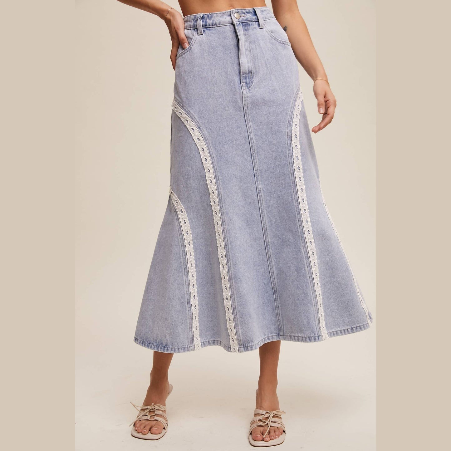 Embroidered Denim Midi Skirt