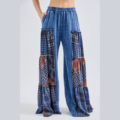 Mineral Washed Tiered Plaid Wide Flare Pants