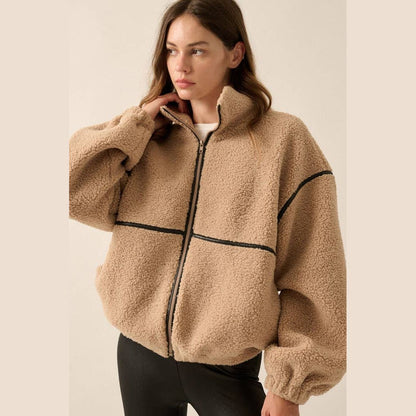 Faux Leather-Trimmed Sherpa Fleece Zip-Up Jacket