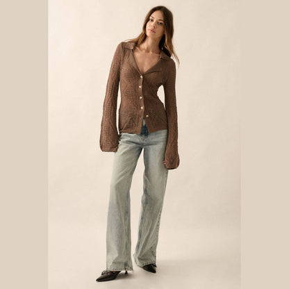 Solid Geometric-Pointelle Bell-Sleeve Cardigan