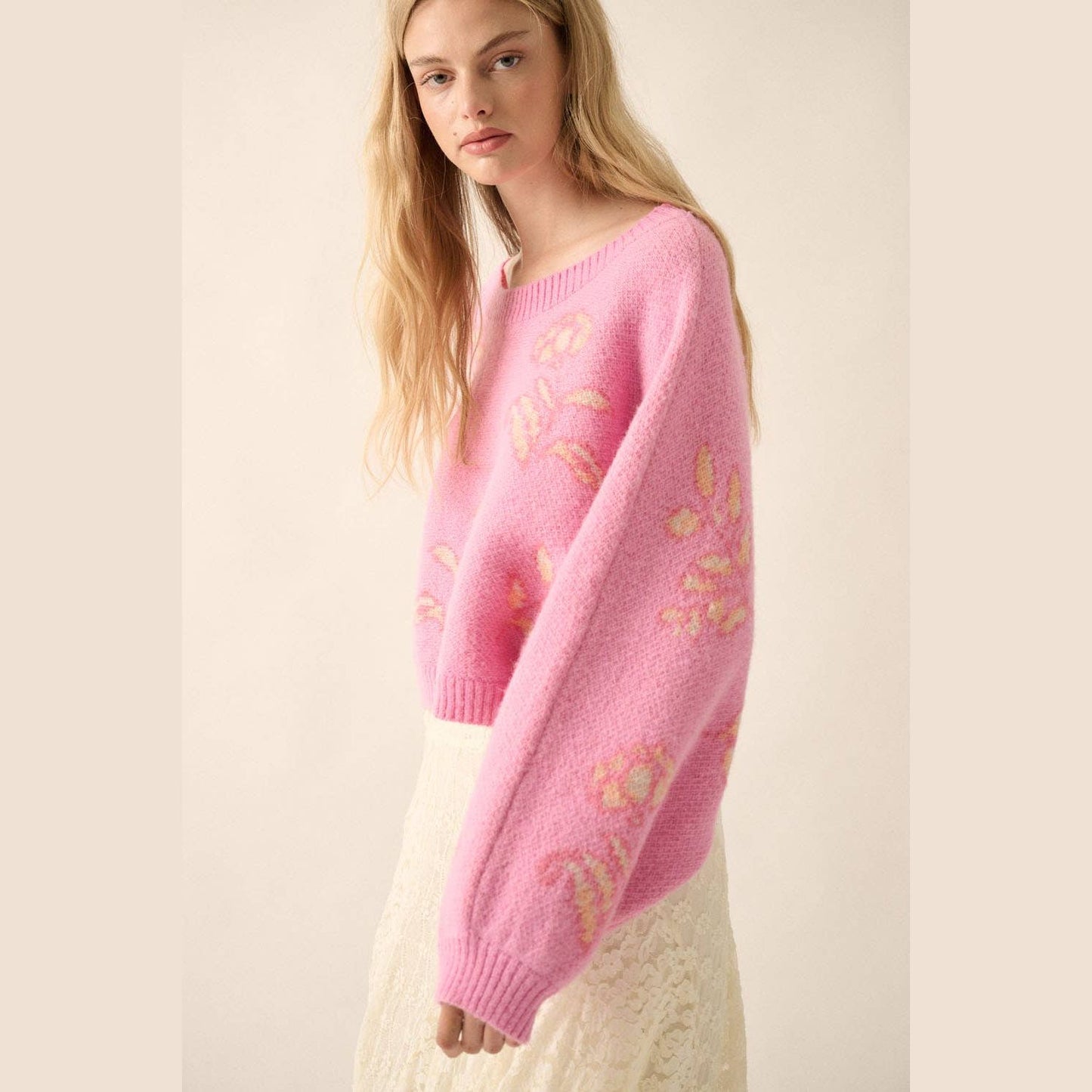 Floral Knit Cropped Dolman-Sleeve Sweater