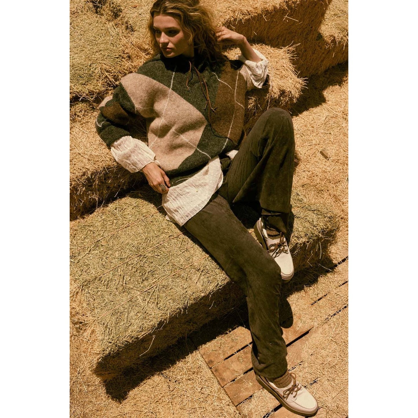 Argyle Plaid Knit Split-Neck Collared Sweater