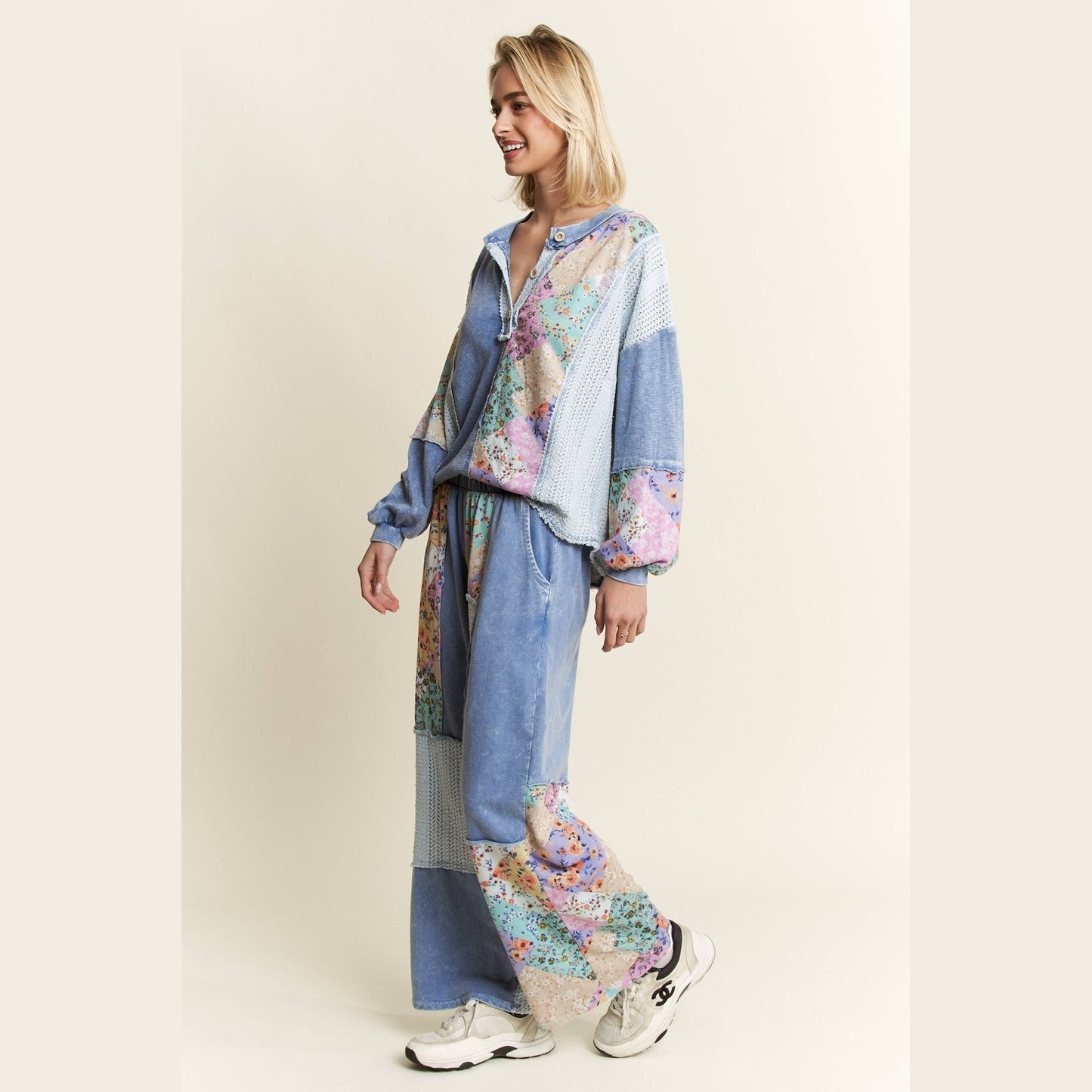 Mineral Washed Floral Wave Knit Jacquard Boho Pants