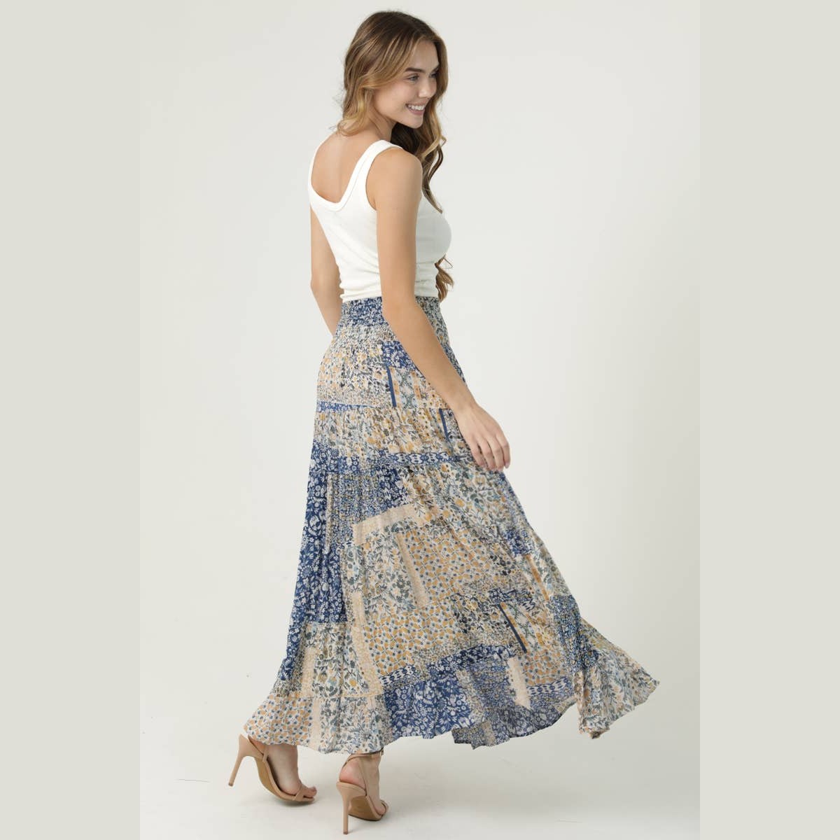SMOCKED WAISTBAND PATCHWORK PRINT A LINE TIERED M - The Feral Market