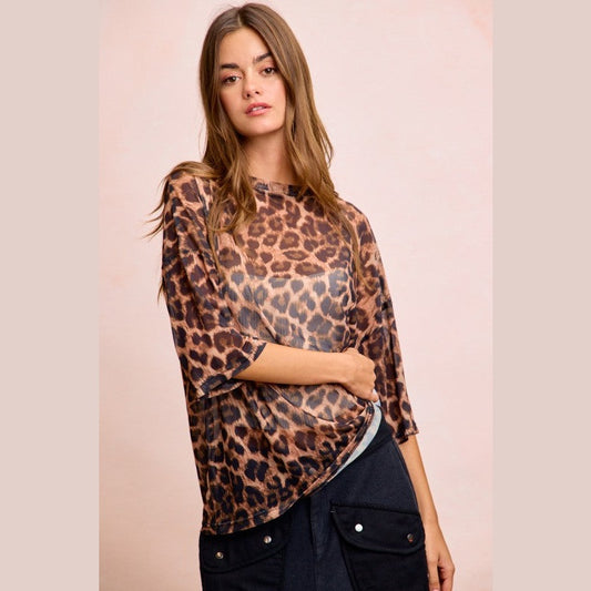 Leopard Print Short Sleeves Boxy Mesh Top