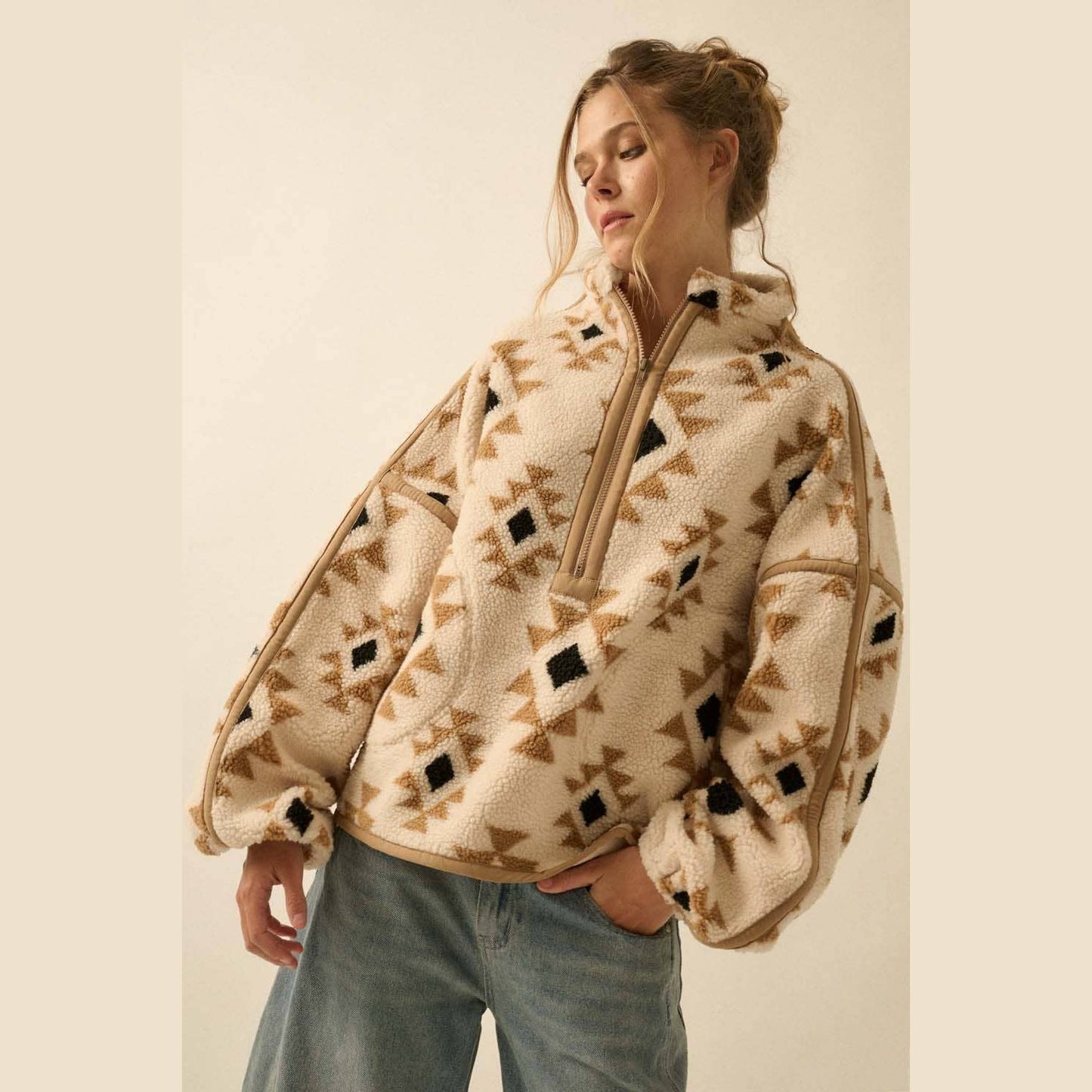Geometric-Print Sherpa Fleece Half-Zip Pullover
