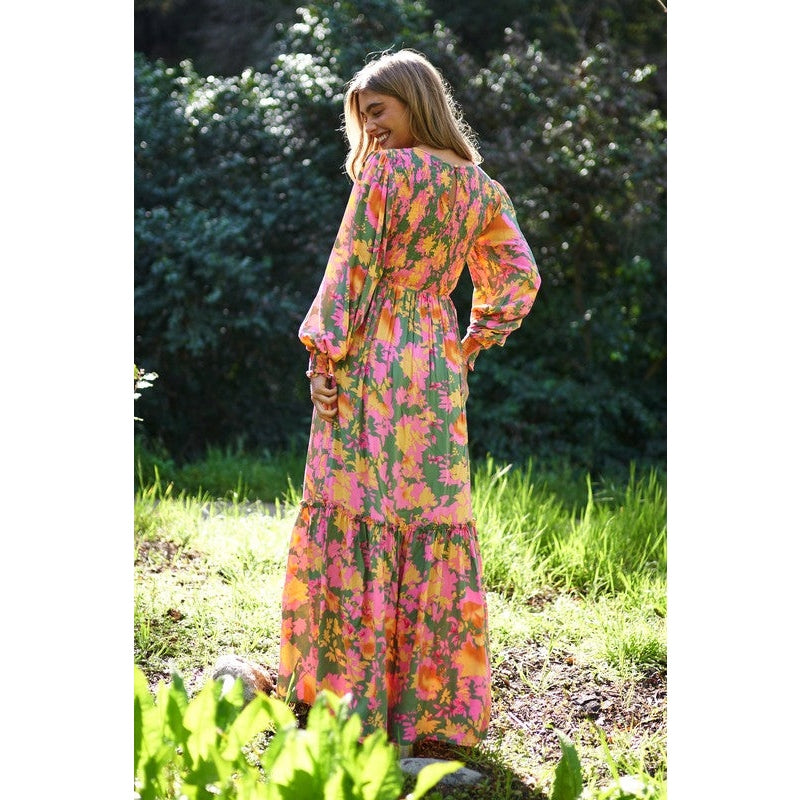 Chloe Smocked Bodice Long Balloon Sleeve Maxi Dress - Bright Floral / Large Chloe Smocked Bodice Long Balloon Sleeve Maxi Dress - Bright Floral / Large