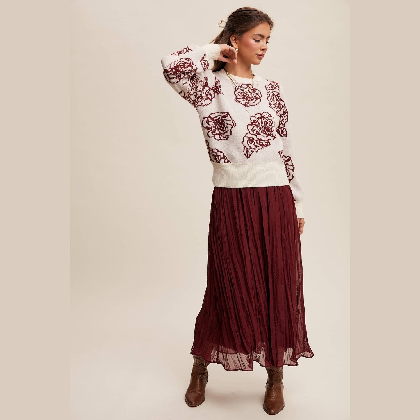 Floral Jacquard Puff-Sleeve Sweater