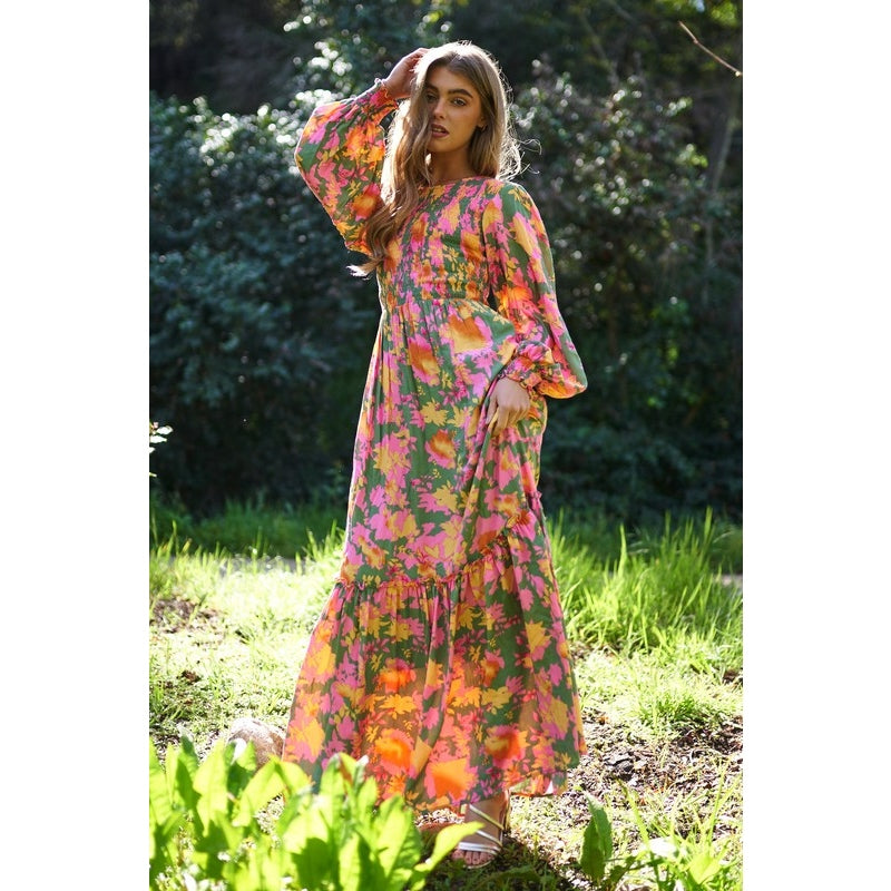 Chloe Smocked Bodice Long Balloon Sleeve Maxi Dress - Bright Floral / Large Chloe Smocked Bodice Long Balloon Sleeve Maxi Dress - Bright Floral / Large