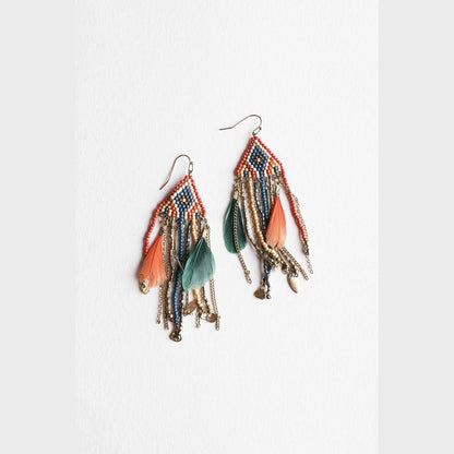 🌟 Statement Fringe Feather Bead Earrings