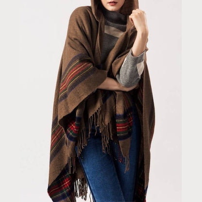 Classic plaid faux wool tartan hooded ruana fringed shawl