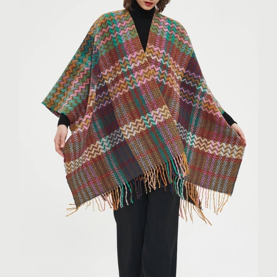 Plaid Ruana Multi-Colored Kimono shawl With Tassel Detail