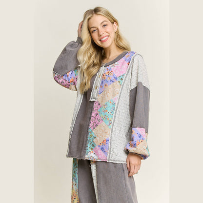 Mineral Washed Floral WaveKnit Jacquard Boho Top