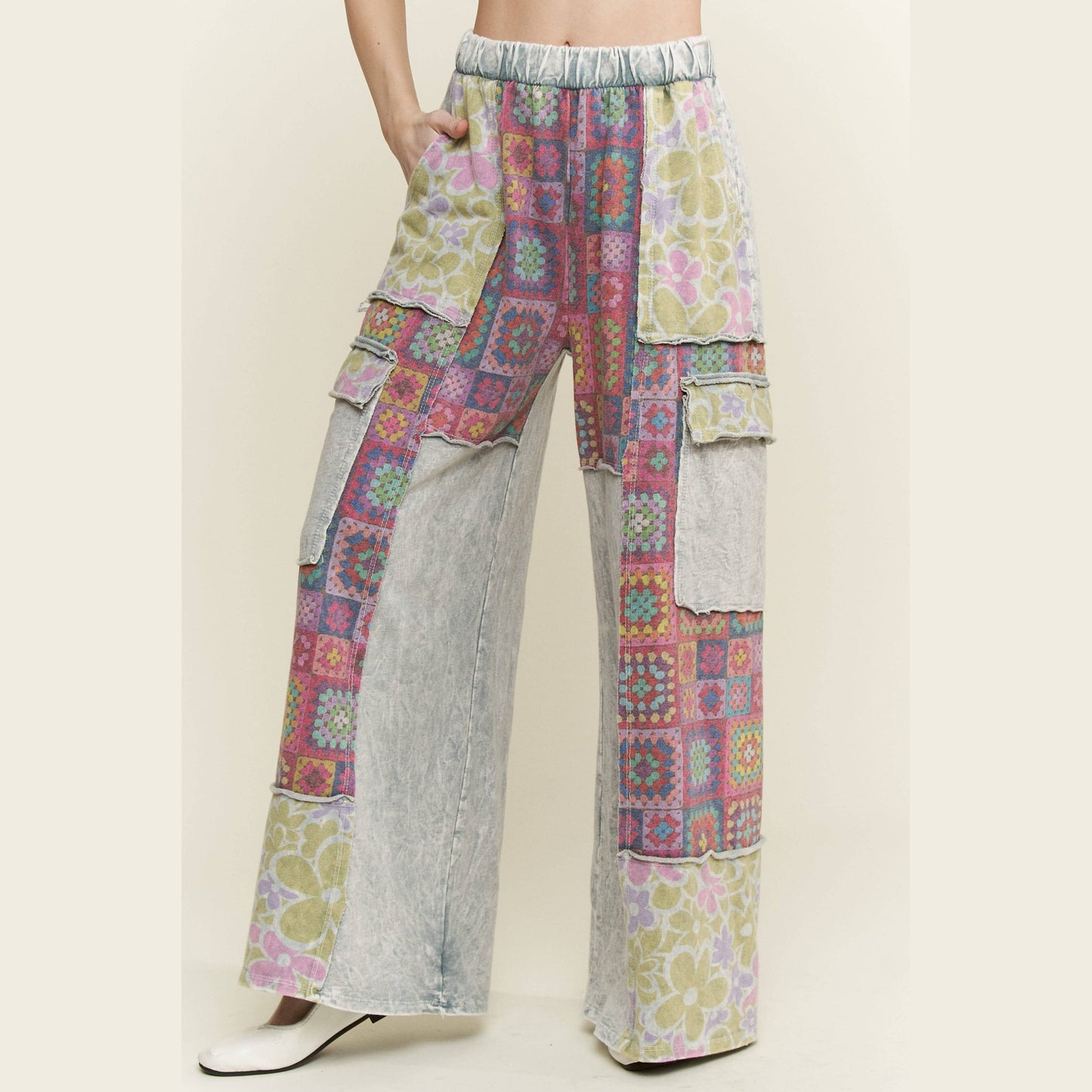 Mineral Wash Boho Crochet Floral Printed Pants