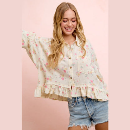 Floral Crinkle Quarter Sleeve Ruffle Hem Shirt Top