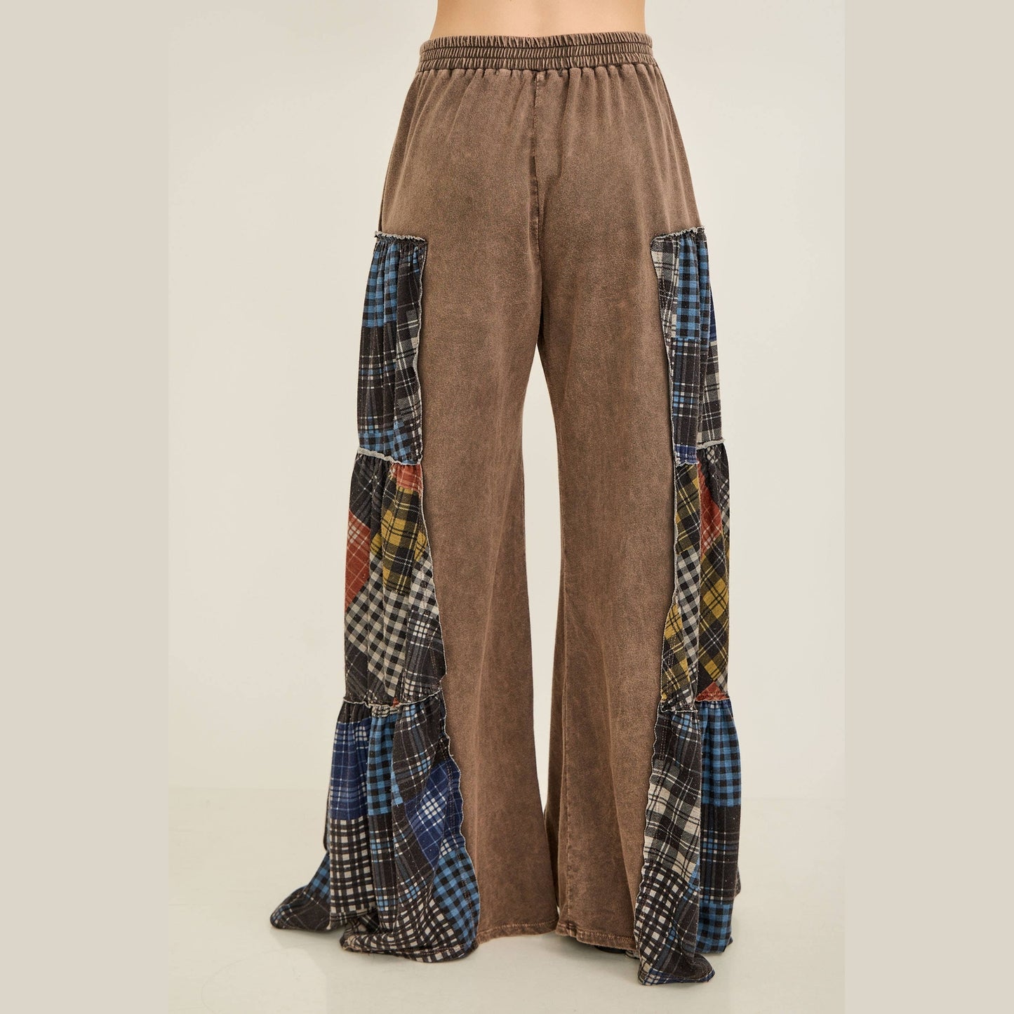 Mineral Washed Tiered Plaid Wide Flare Pants