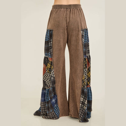 Mineral Washed Tiered Plaid Wide Flare Pants
