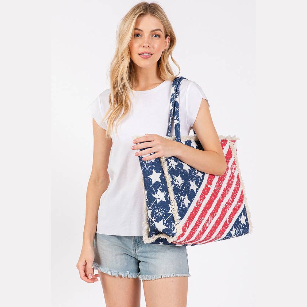 American Flag Pattern with Fringe Summer Tote Bag