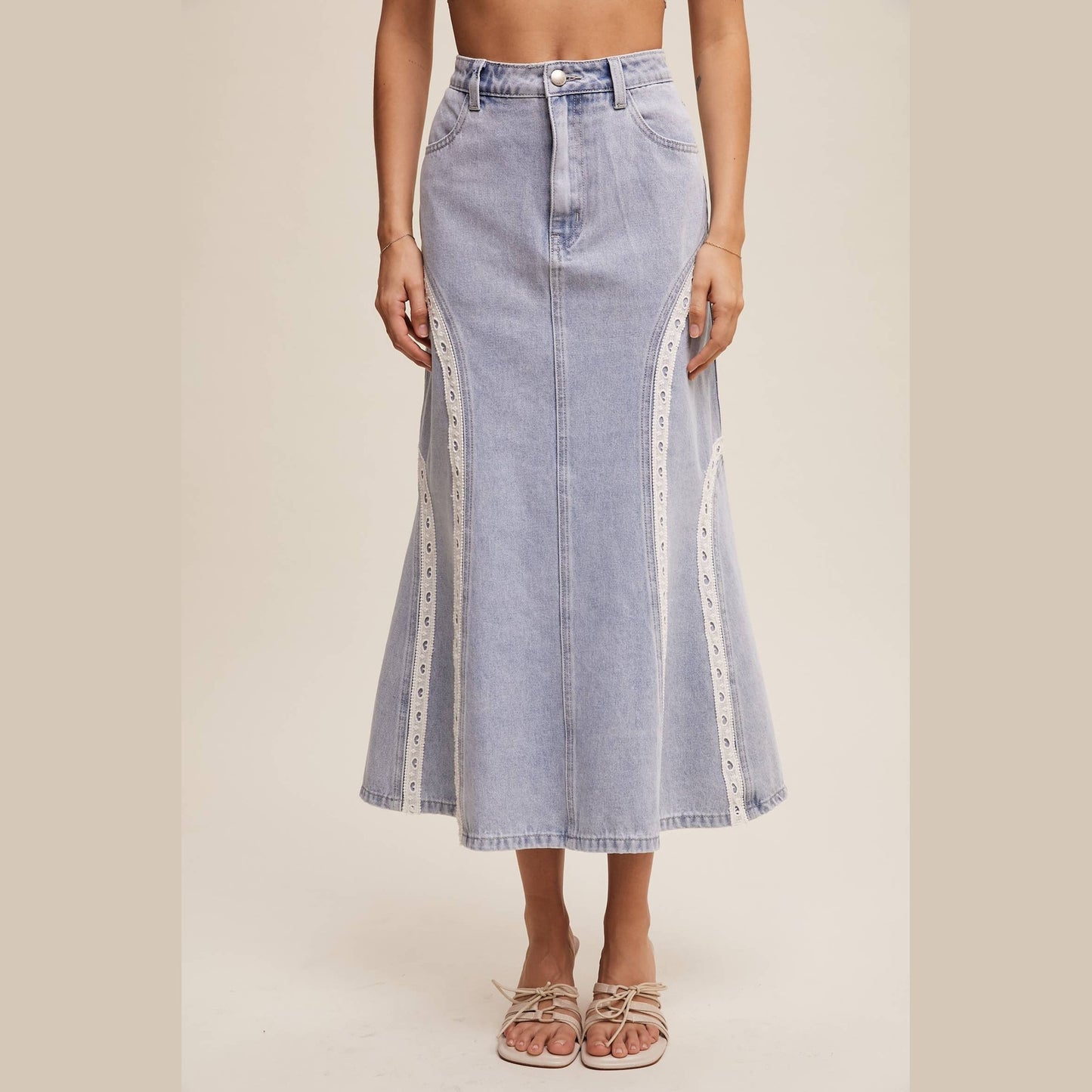 Embroidered Denim Midi Skirt