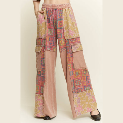 Mineral Wash Boho Crochet Floral Printed Pants
