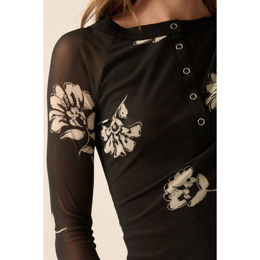 Floral-Print Mesh Raglan-Sleeve Henley Top