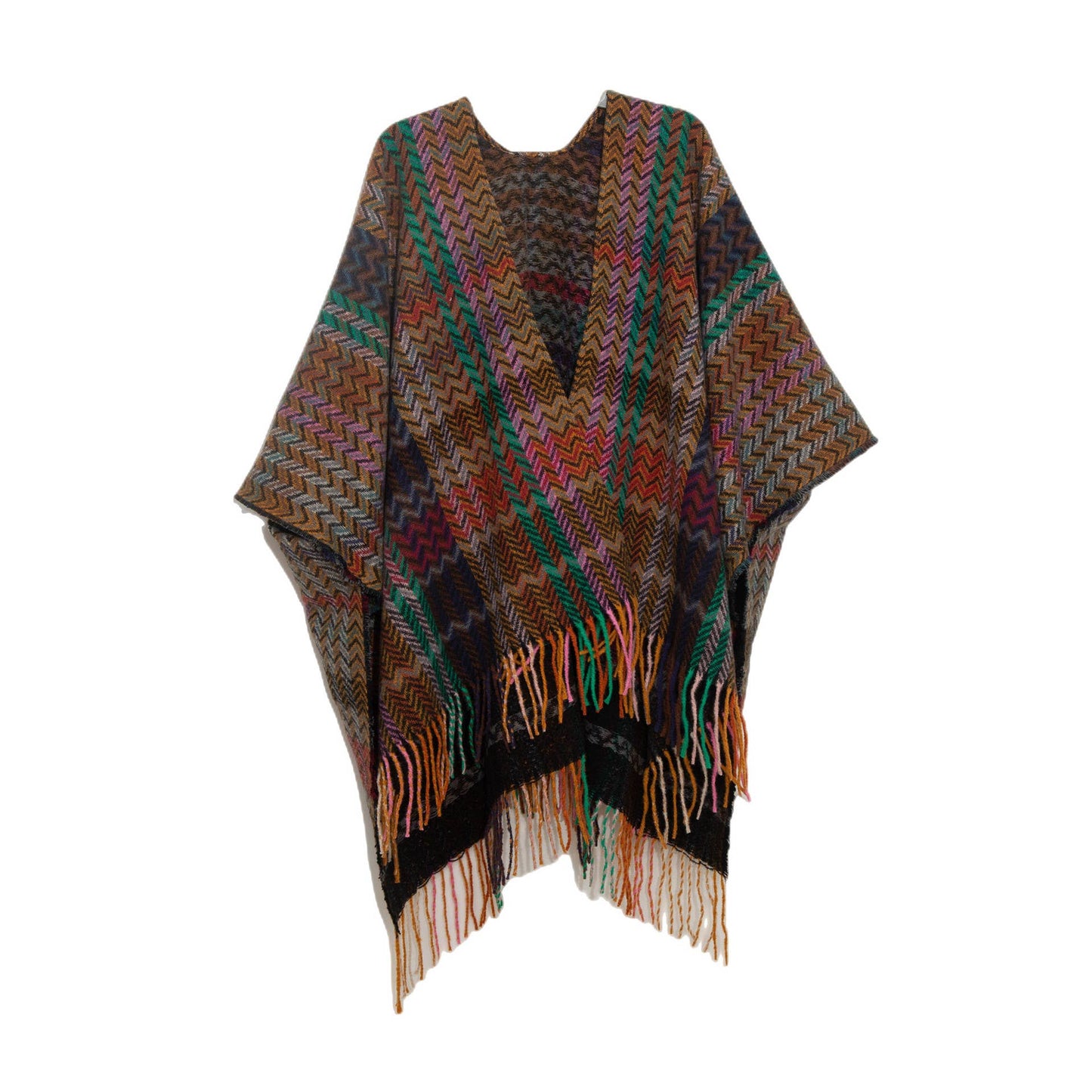 Plaid Ruana Multi-Colored Kimono shawl With Tassel Detail