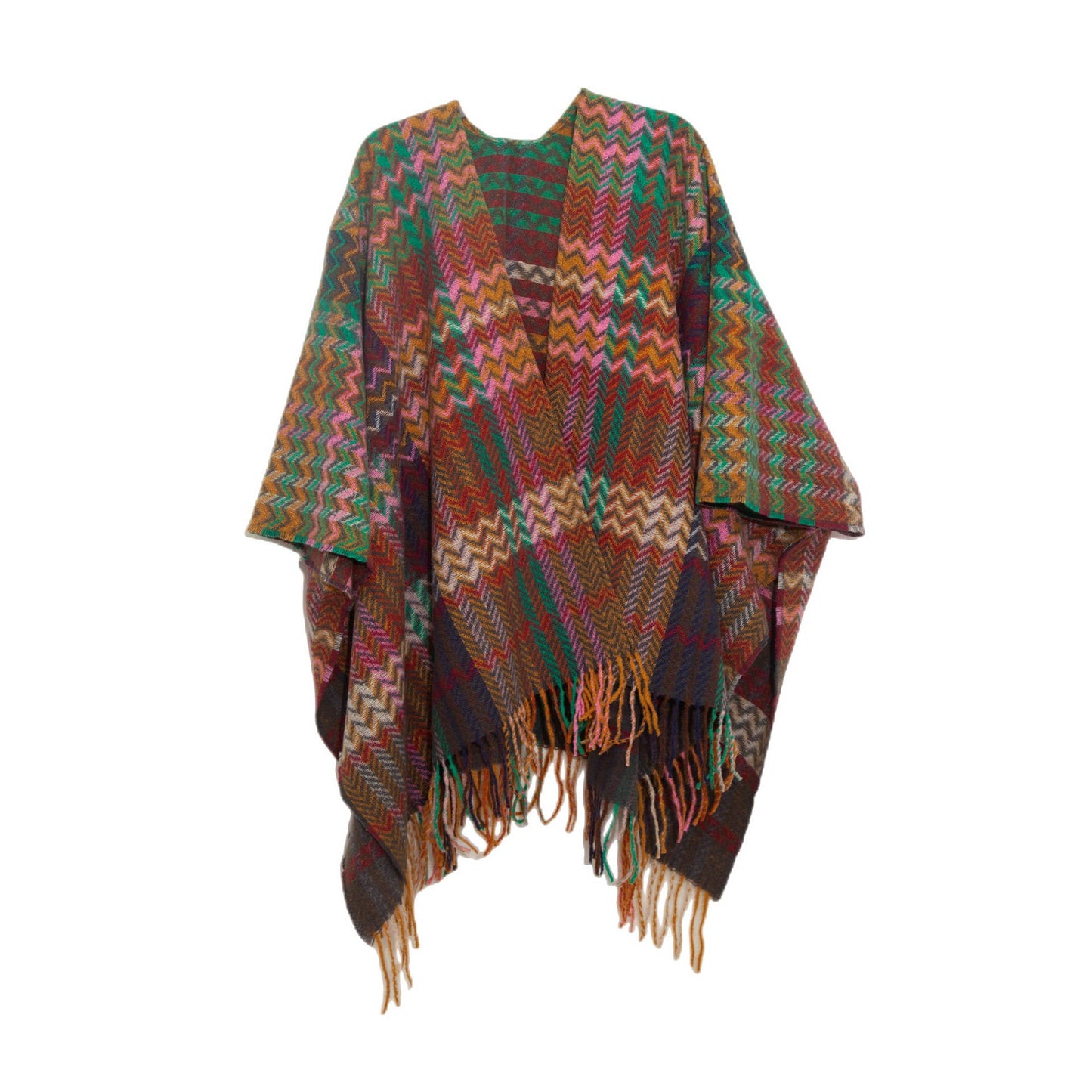 Plaid Ruana Multi-Colored Kimono shawl With Tassel Detail