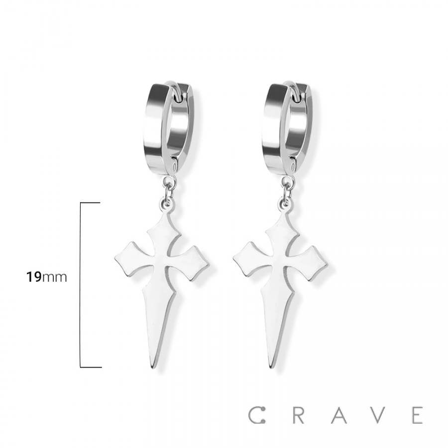 SS HUGGIE/HOOP EARRINGS WITH CROSS DAGGER DANGLE