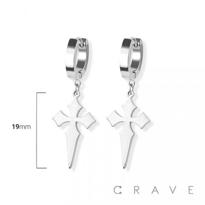 SS HUGGIE/HOOP EARRINGS WITH CROSS DAGGER DANGLE