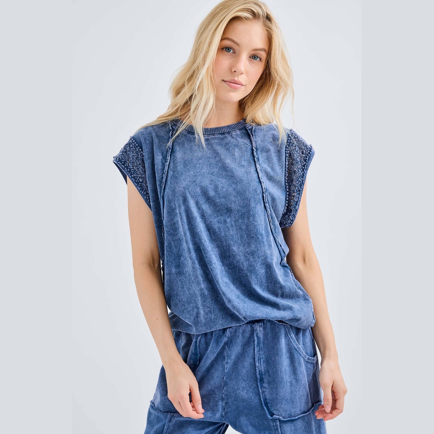 Mineral Wash Trim Cap sleeve Blouse