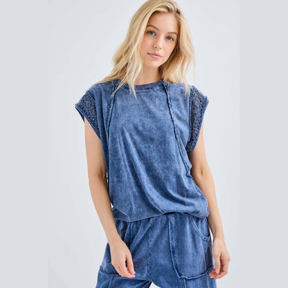 Mineral Wash Trim Cap sleeve Blouse