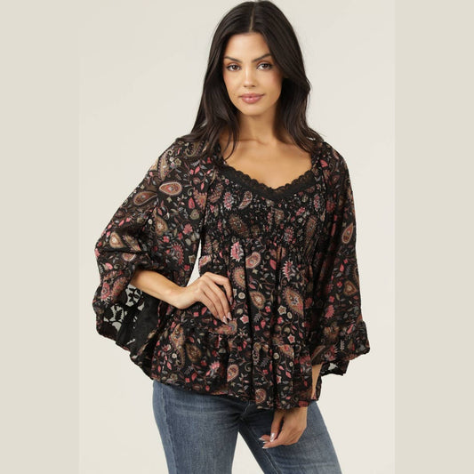 BURNOUT SATIN BELL SLEEVE LACE TRIM BLOUSE