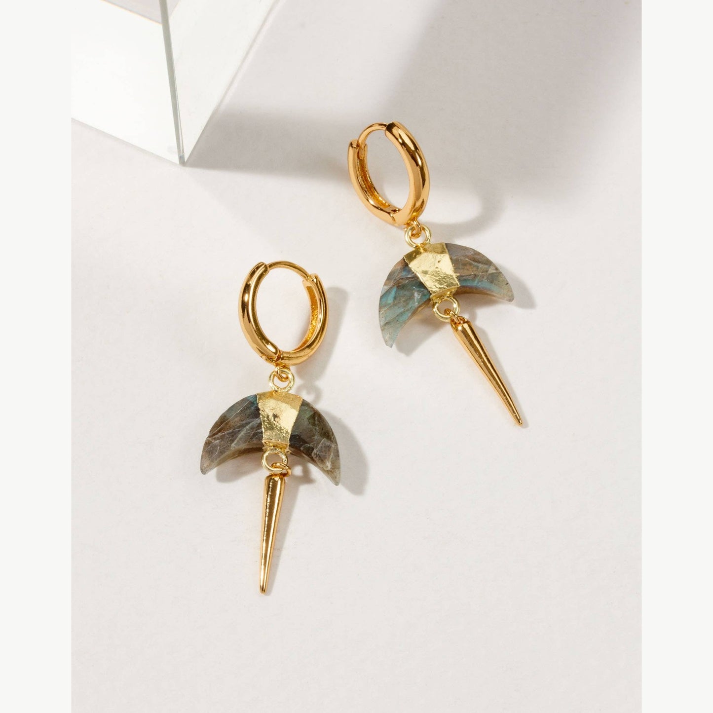 Crescent Horn Spike Huggie Hoop Earrings- Labradorite