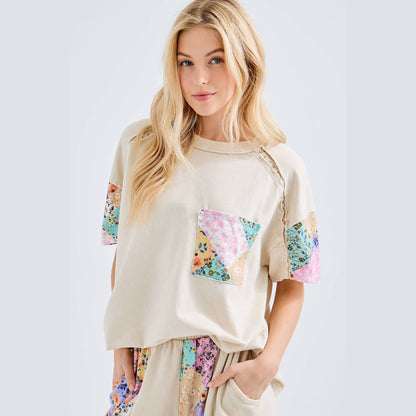 Mineral Washed Flower Patch Pocket Top