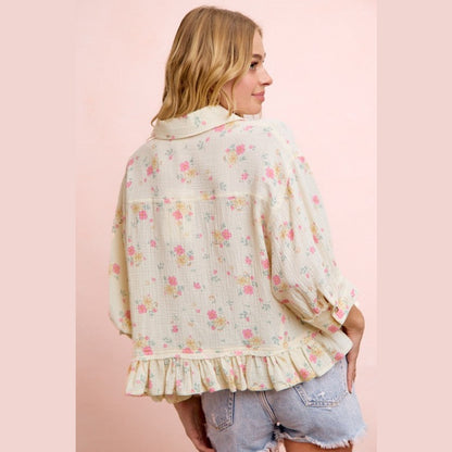 Floral Crinkle Quarter Sleeve Ruffle Hem Shirt Top