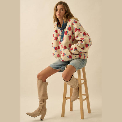 Floral Fleece and Denim Half-Snap Pullover