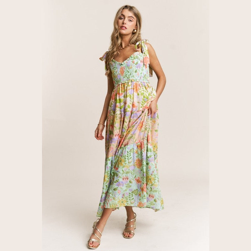 Patsy Smocked V-neck Tiered Multi Print Dress